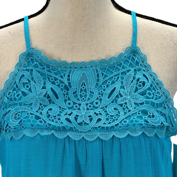 BCX Sleeveless Lace Front Halter Blouse - Aqua Blue - size Medium - Picture 2 of 8